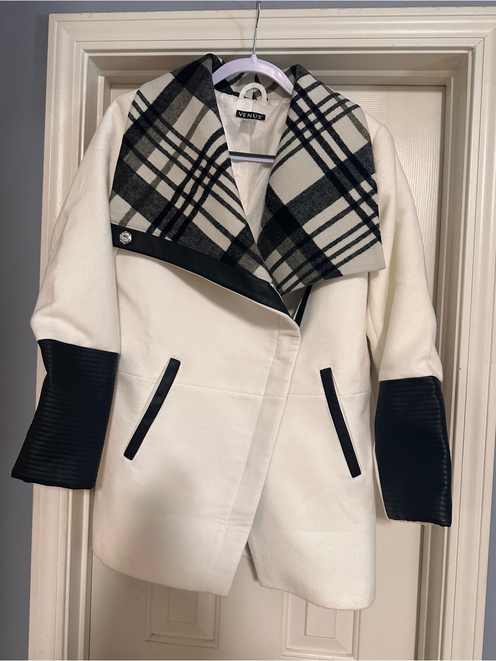 VENUS Cream Coat with Black Plaid Collar and Black Trim